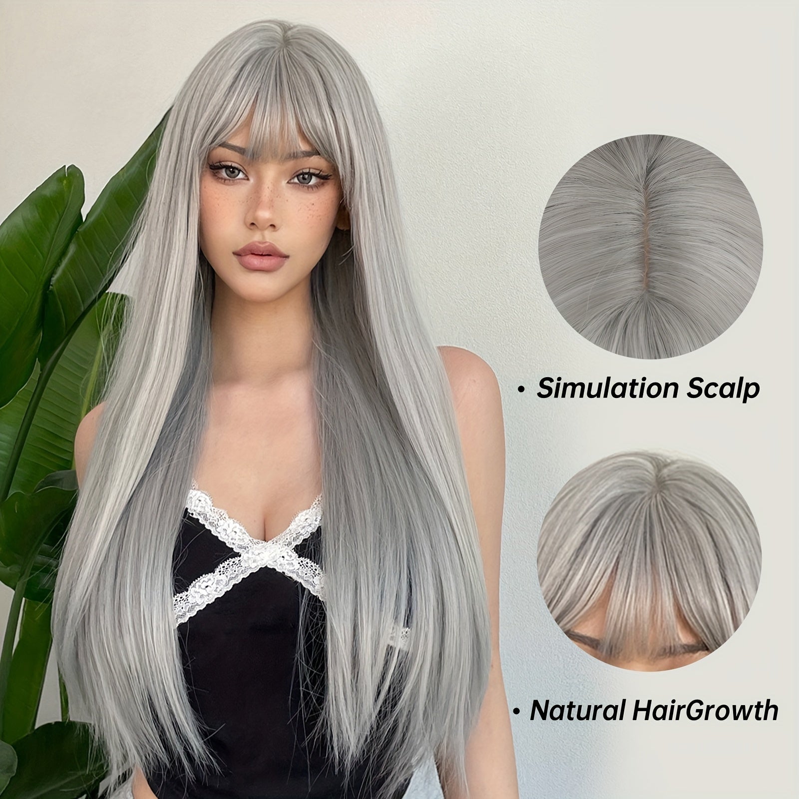 Peruca Cinza Prateada Longa com Franja Halloween | Polly Hair