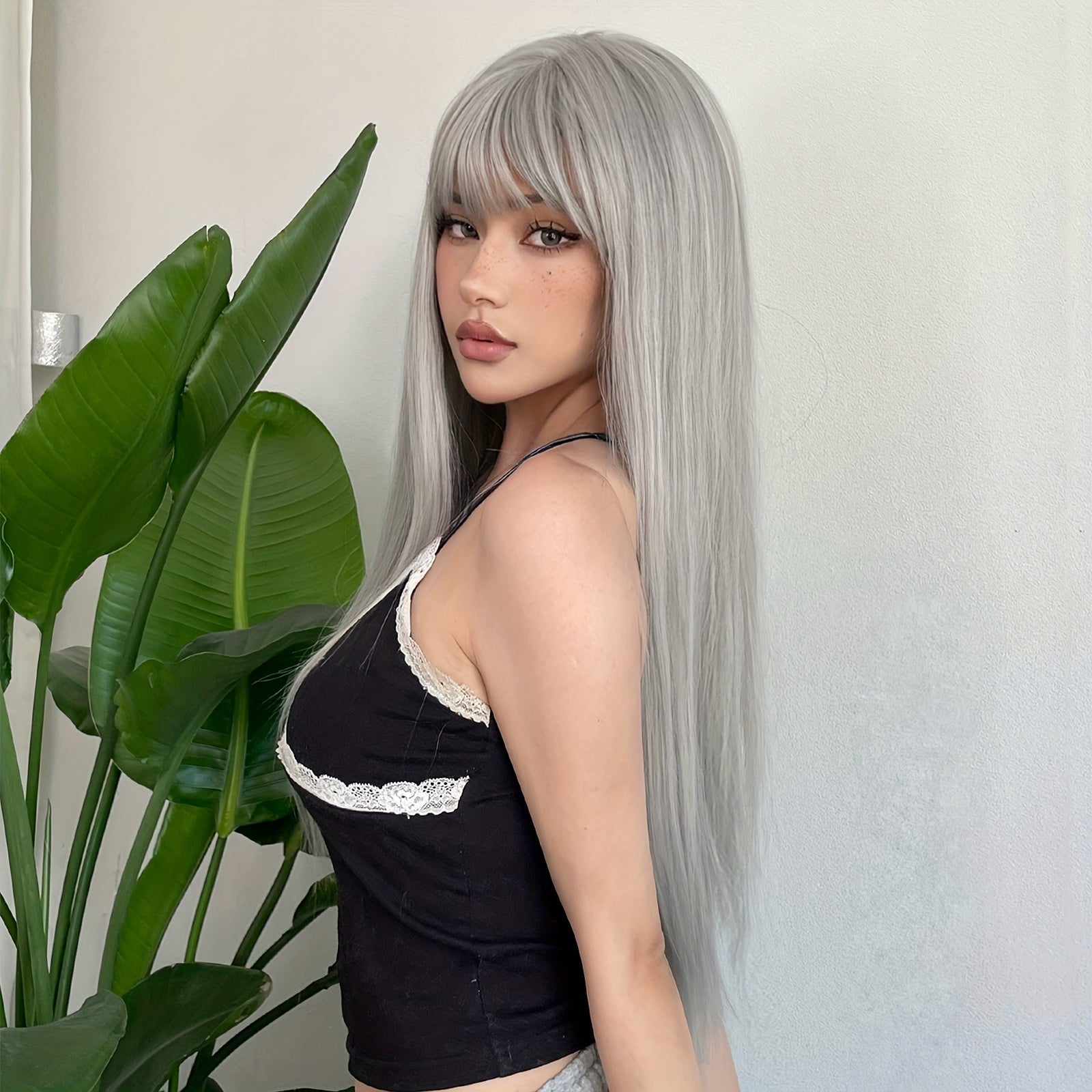 Peruca Cinza Prateada Longa com Franja Halloween | Polly Hair