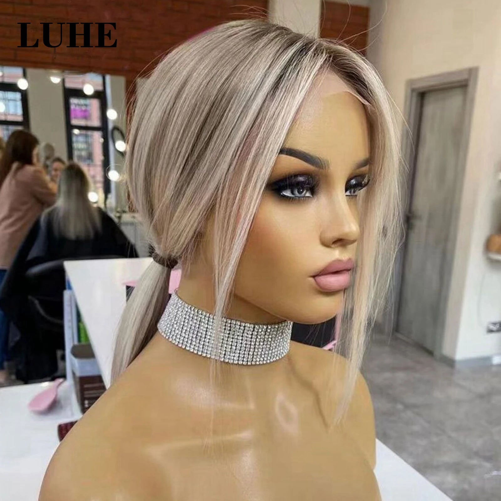 Peruca Front Lace 13x3 Loira Acinzentada com Raiz Escura – Cabelo Sintético, Liso, Curto, Corte Bob, 16 Polegadas – Para Mulheres