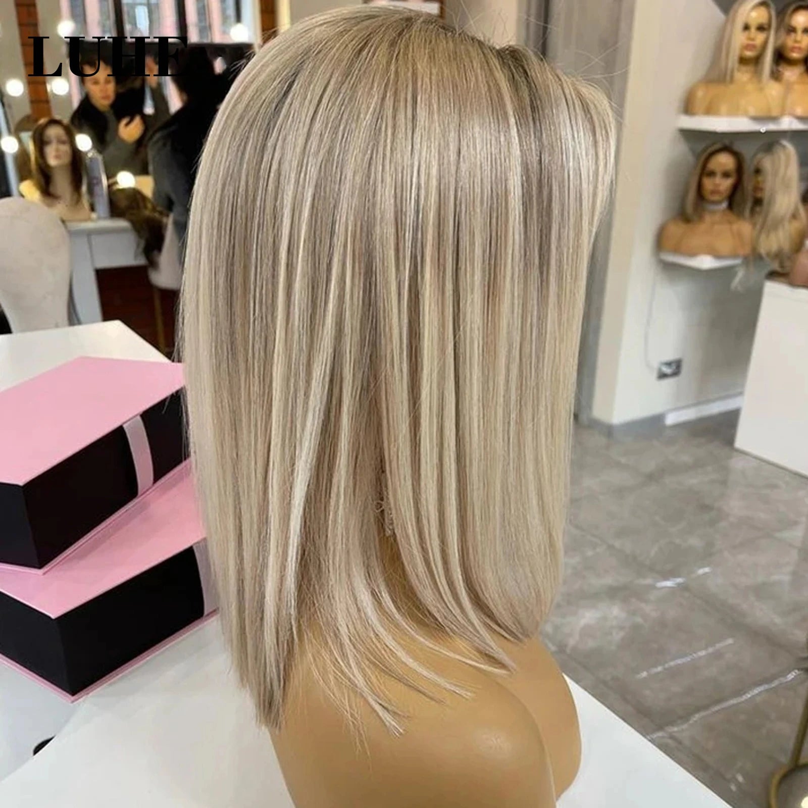 Peruca Front Lace 13x3 Loira Acinzentada com Raiz Escura – Cabelo Sintético, Liso, Curto, Corte Bob, 16 Polegadas – Para Mulheres