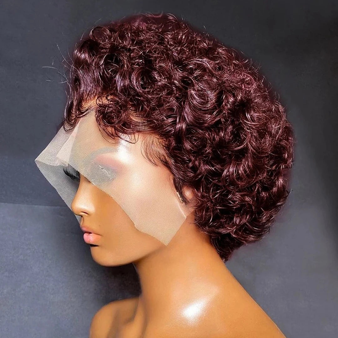 Lace Peruca Pixie Cut 99J Burgundy para Mulheres - Cabelo Humano, Curta Cacheada com Mechas Mel
