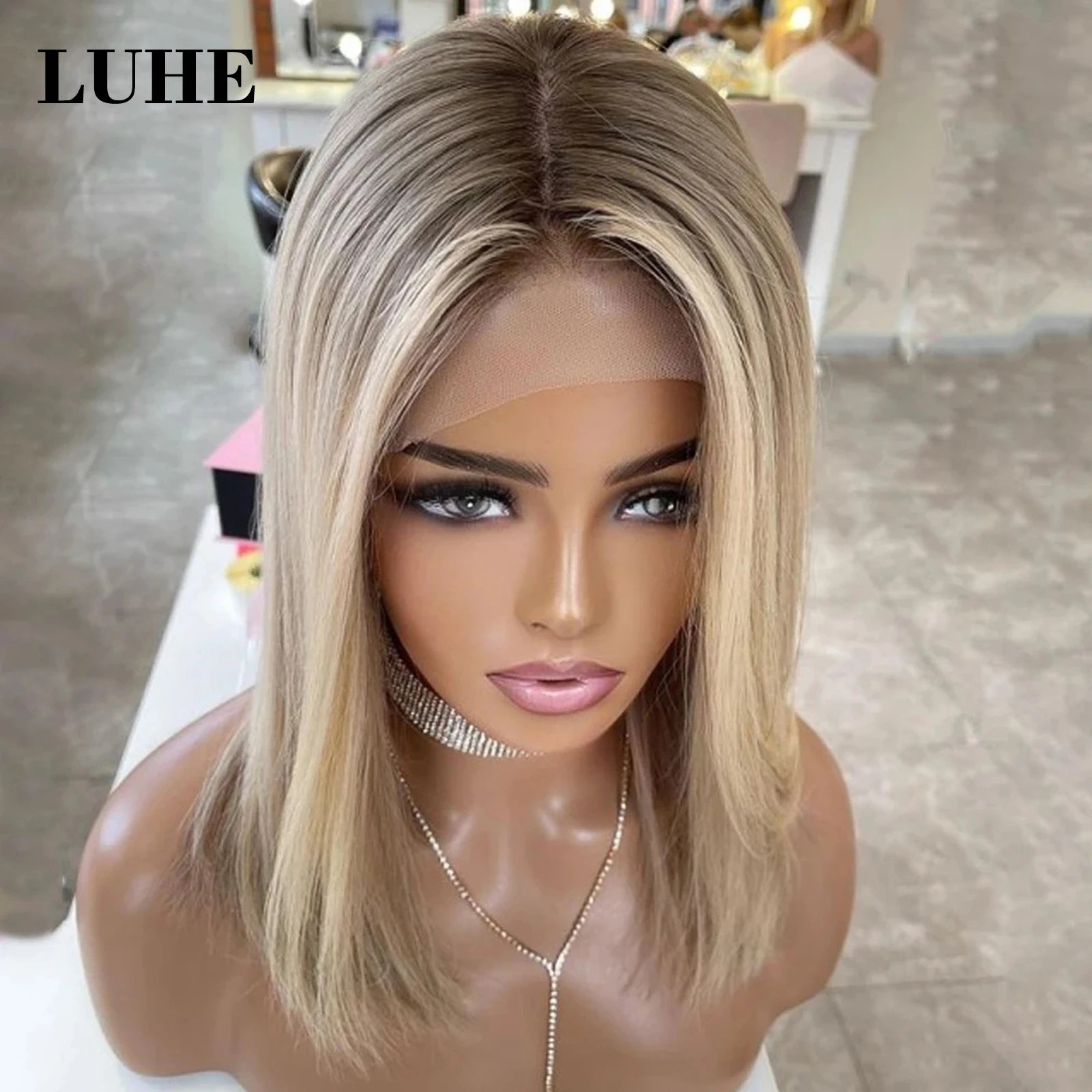 Peruca Front Lace 13x3 Loira Acinzentada com Raiz Escura – Cabelo Sintético, Liso, Curto, Corte Bob, 16 Polegadas – Para Mulheres