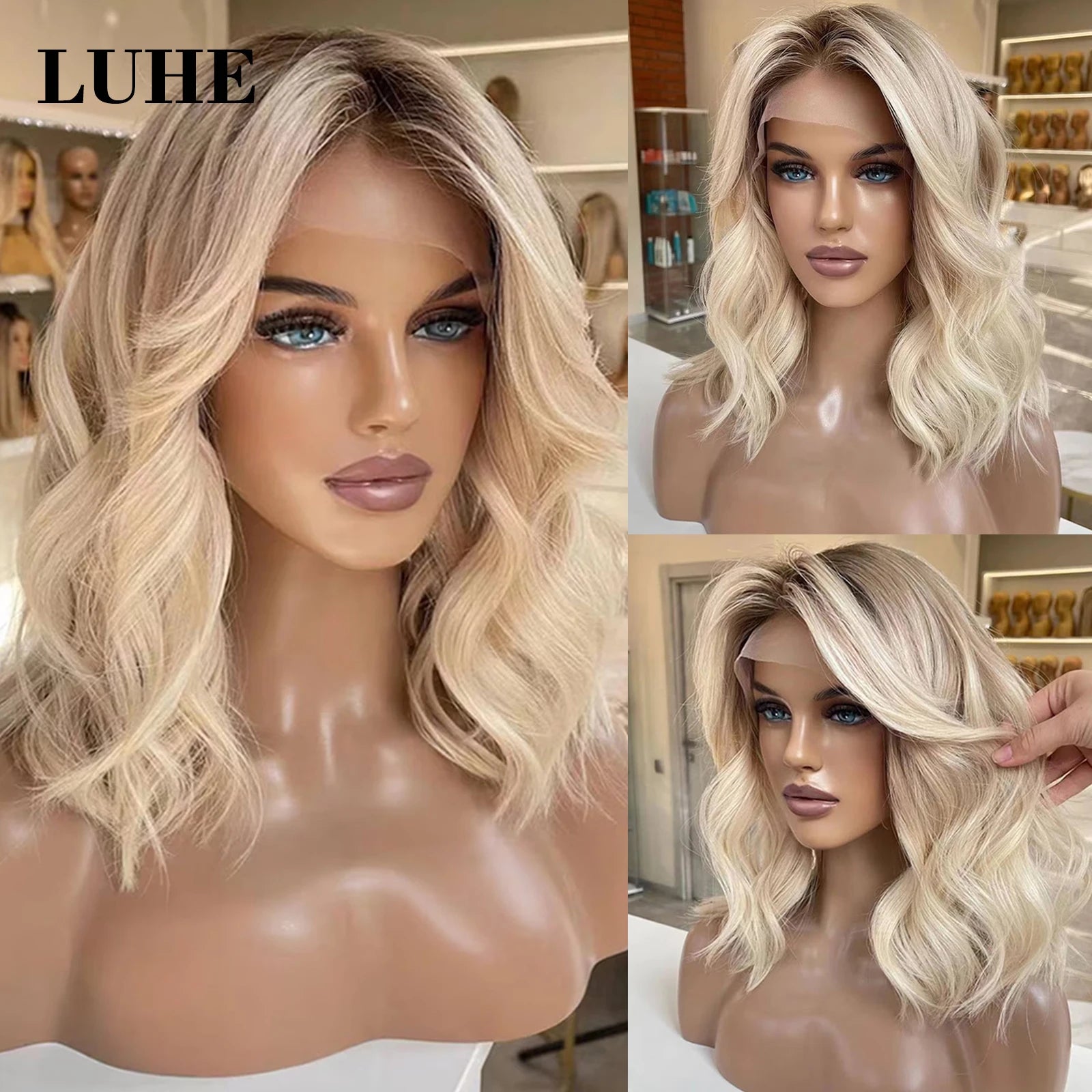 Peruca Front Lace 13x3 Loira Acinzentada com Raiz Escura – Cabelo Sintético, Liso, Curto, Corte Bob, 16 Polegadas – Para Mulheres