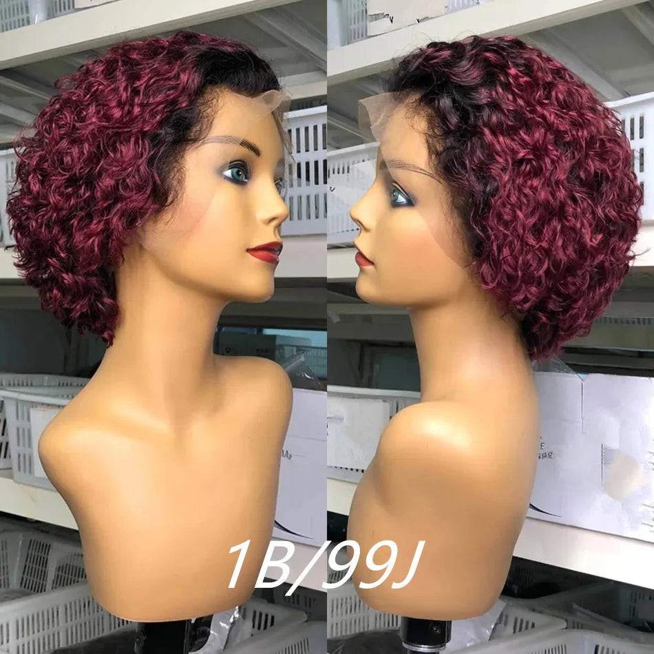 Lace Peruca Pixie Cut 99J Burgundy para Mulheres - Cabelo Humano, Curta Cacheada com Mechas Mel