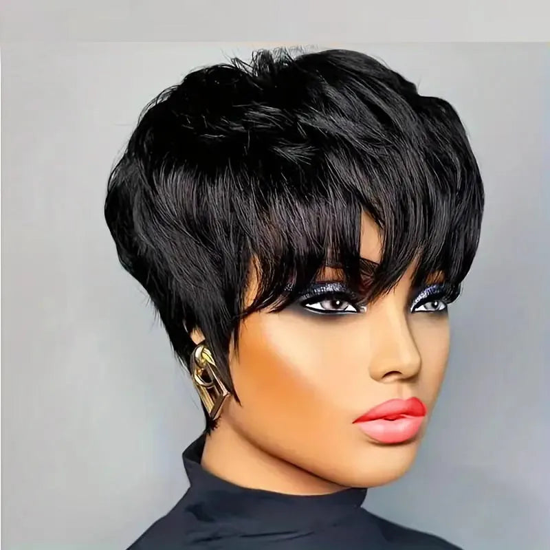 Lace Peruca Pixie Cut para Mulheres - Cabelo Humano 9A, Curta com Franja