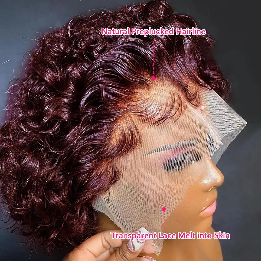 Lace Peruca Pixie Cut 99J Burgundy para Mulheres - Cabelo Humano, Curta Cacheada com Mechas Mel