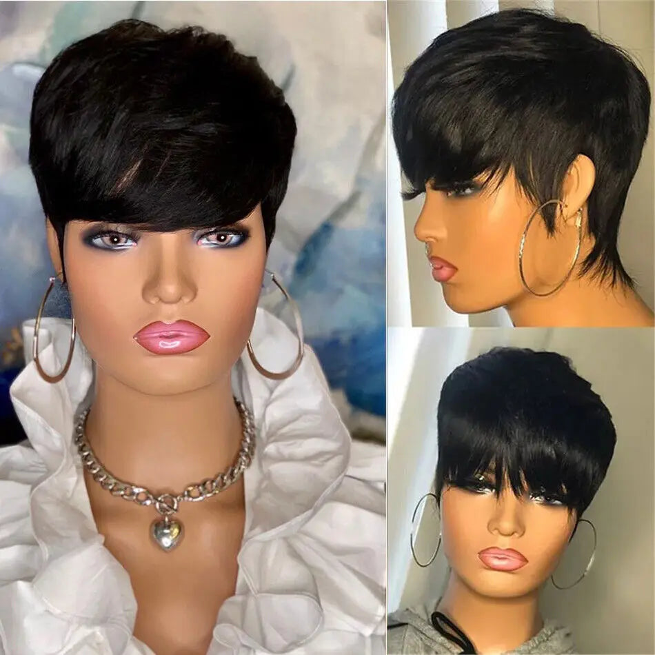 Lace Peruca Pixie Cut para Mulheres - Cabelo Humano 9A, Curta com Franja