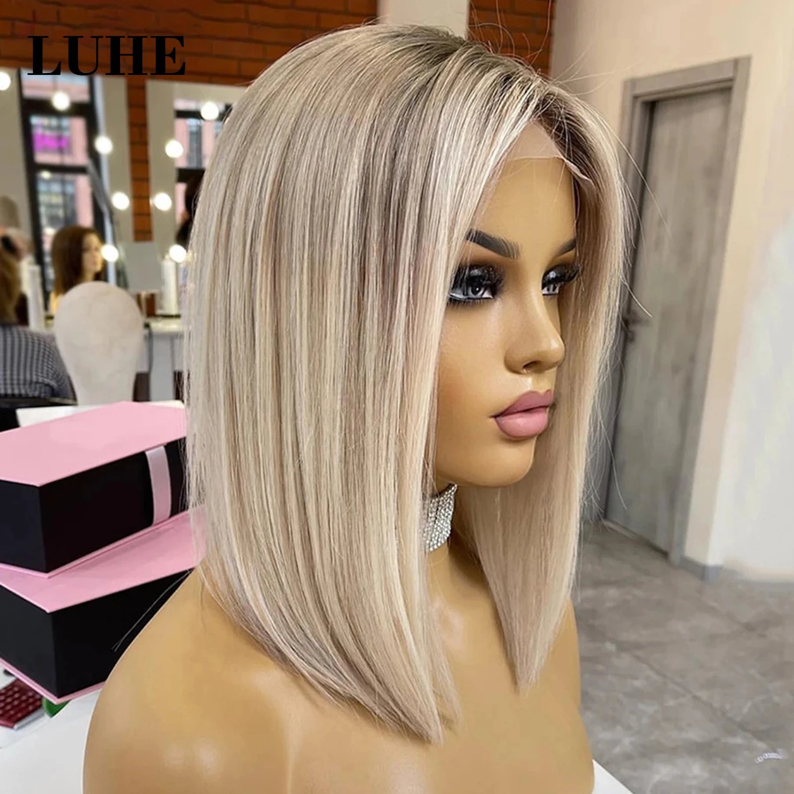 Peruca Front Lace 13x3 Loira Acinzentada com Raiz Escura – Cabelo Sintético, Liso, Curto, Corte Bob, 16 Polegadas – Para Mulheres