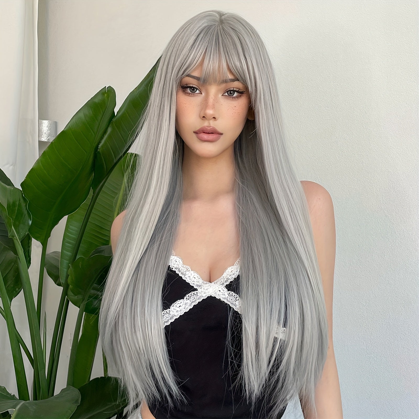 Peruca Cinza Prateada Longa com Franja Halloween | Polly Hair
