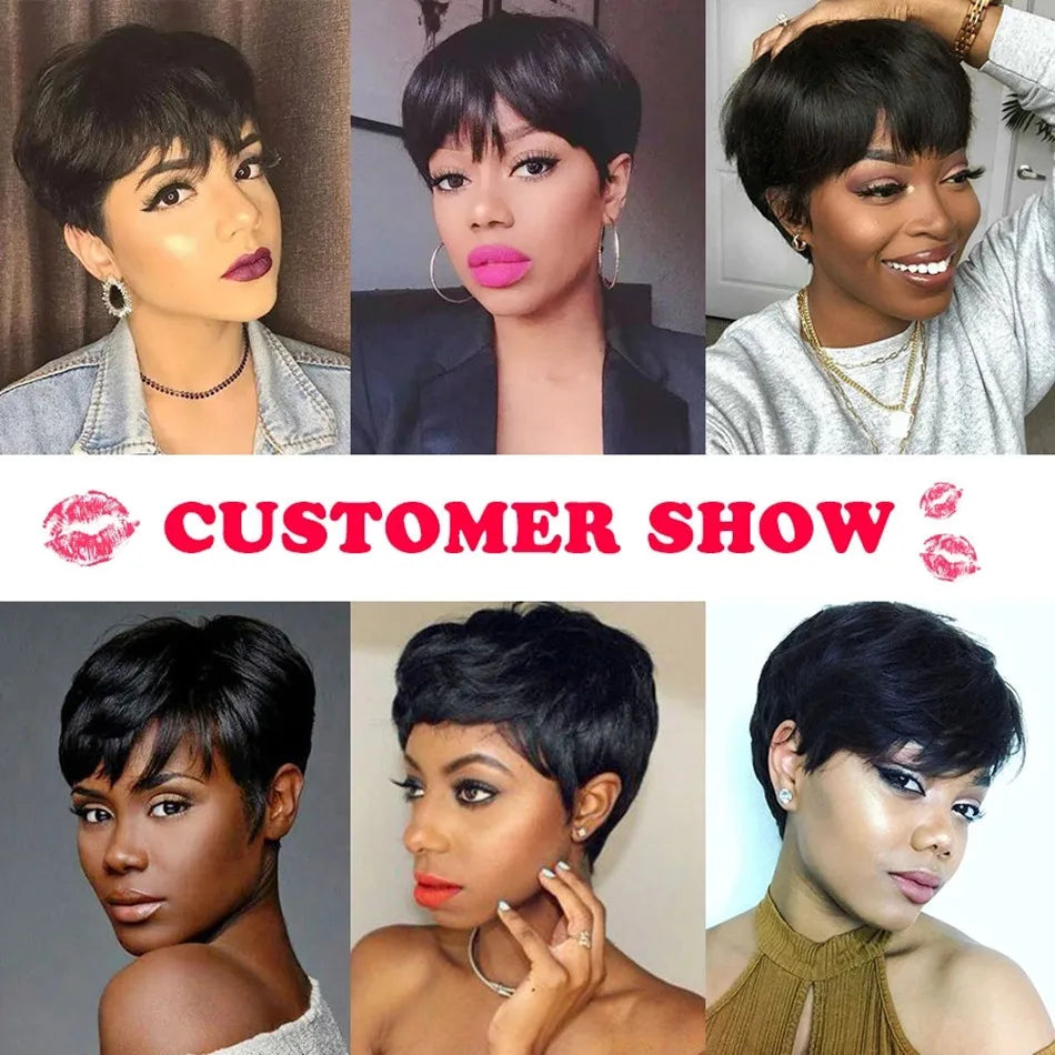 Lace Peruca Pixie Cut Curta para Mulheres - Cabelo Humano Remy, Lisa com Franjas