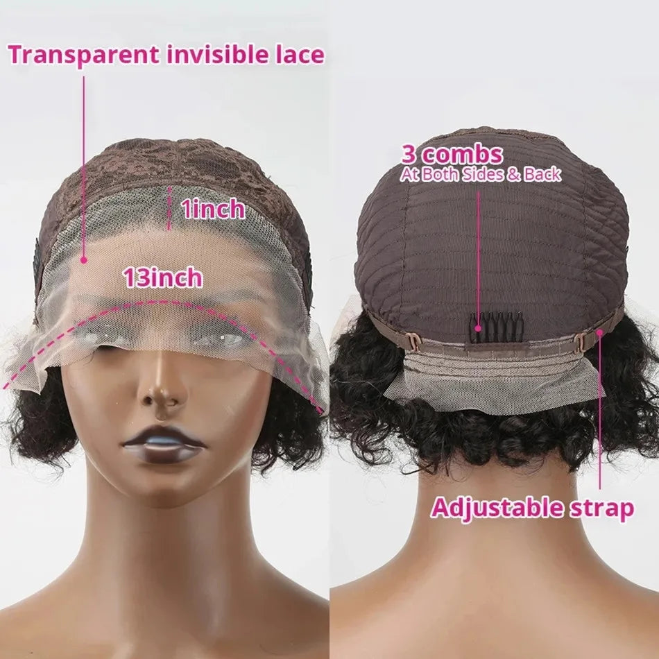 Lace Peruca Pixie Cut 99J Burgundy para Mulheres - Cabelo Humano, Curta Cacheada com Mechas Mel