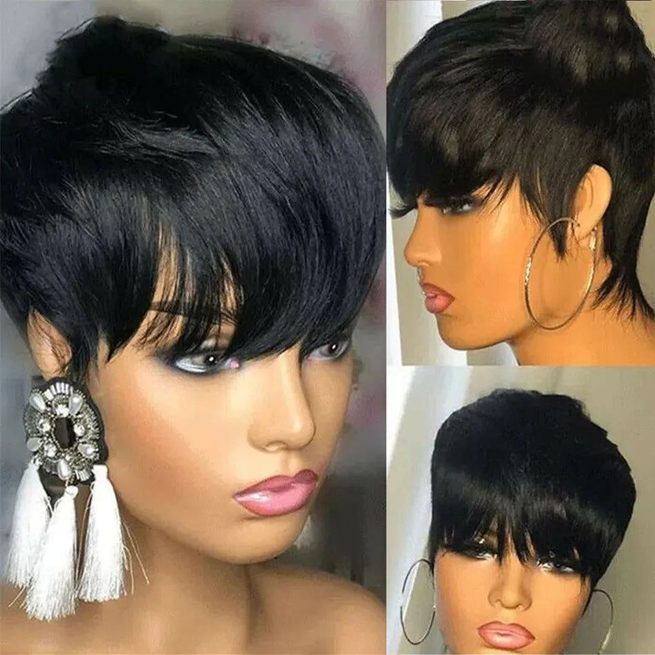Lace Peruca Pixie Cut Curta para Mulheres - Cabelo Humano Remy, Lisa com Franjas