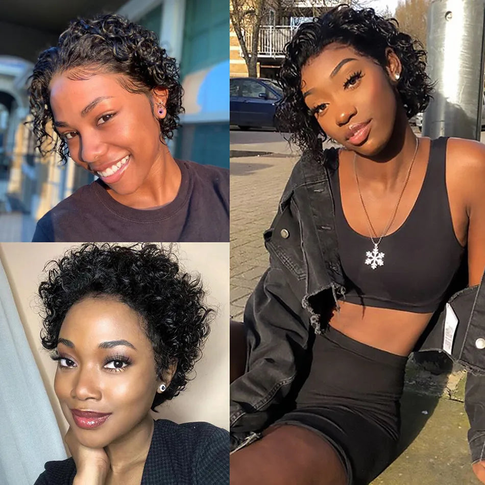 Lace Peruca Pixie Cut 99J Burgundy para Mulheres - Cabelo Humano, Curta Cacheada com Mechas Mel