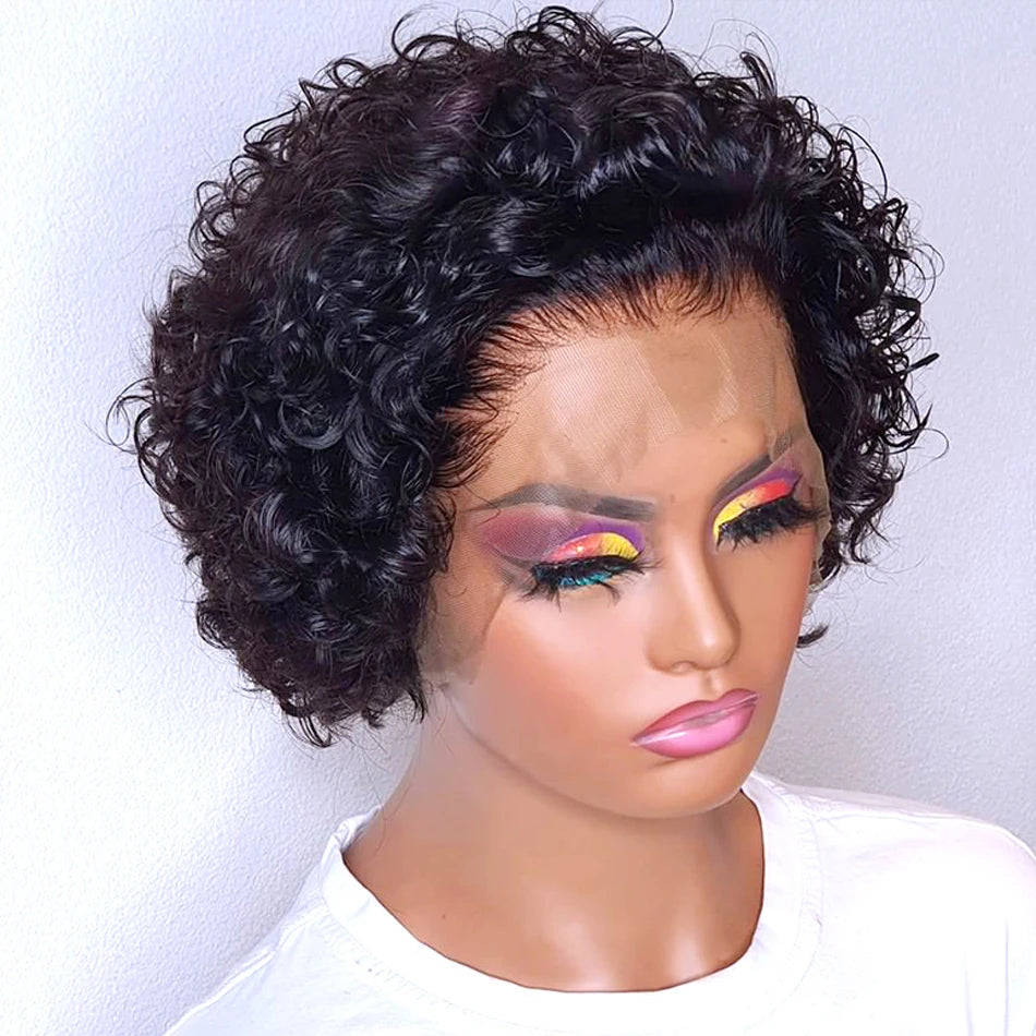 Lace Peruca Pixie Cut 99J Burgundy para Mulheres - Cabelo Humano, Curta Cacheada com Mechas Mel