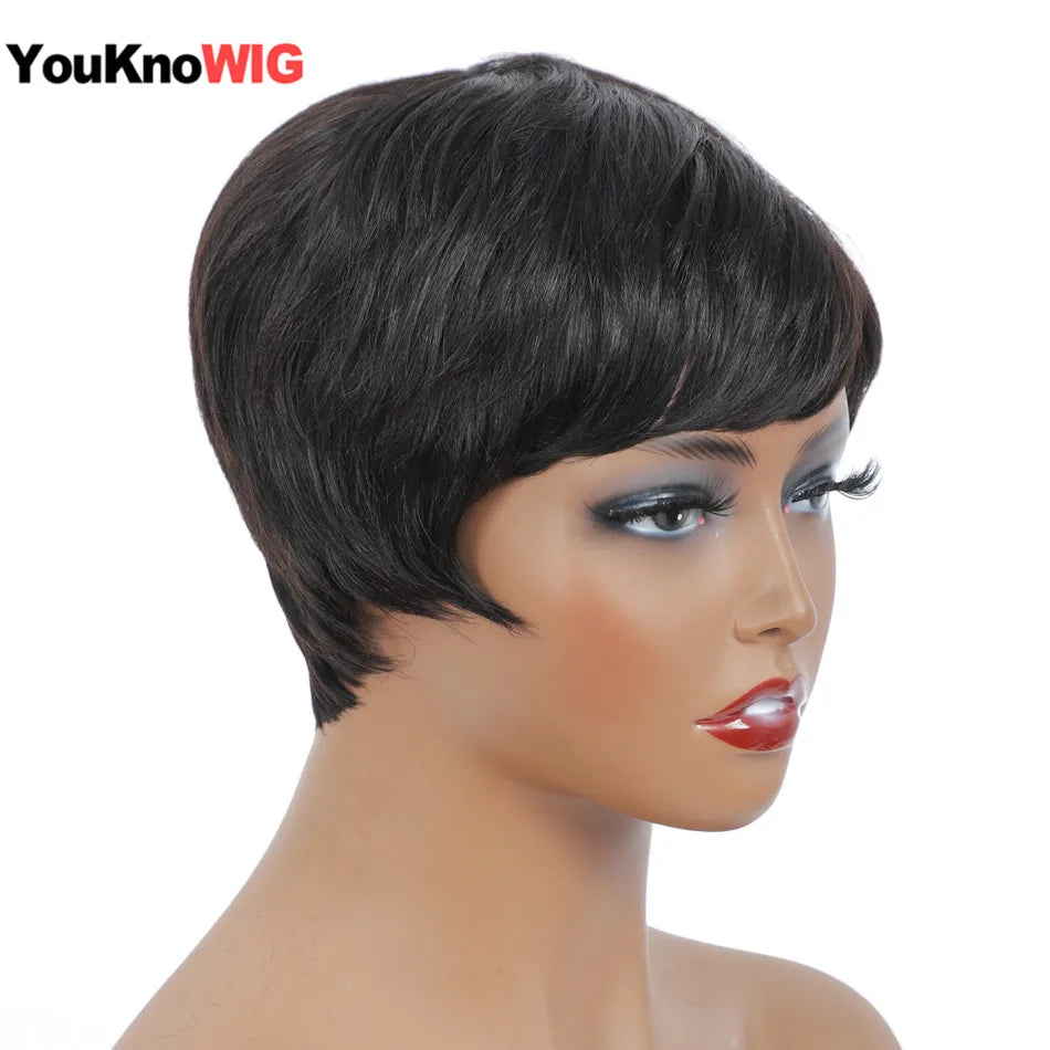 Lace Peruca Pixie Cut Curta para Mulheres - Cabelo Humano Remy, Lisa com Franjas