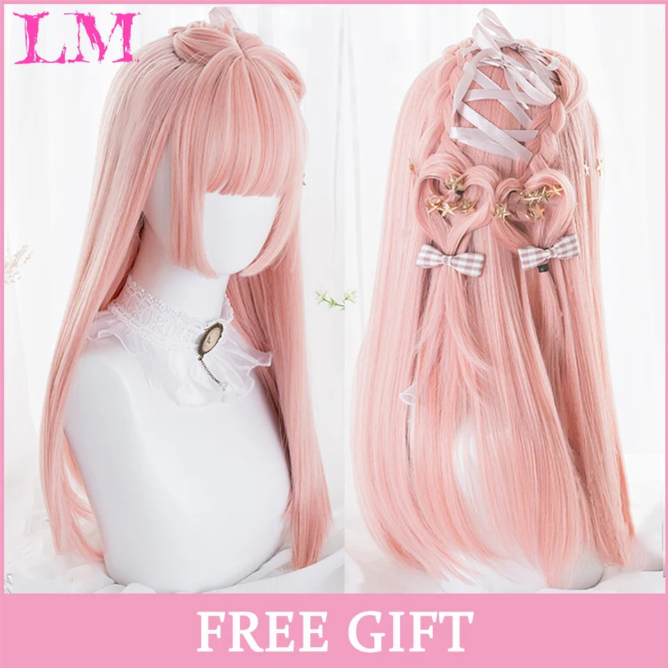 Peruca Rosa de Cosplay com Franja 60 cm – Liso Sintético Resistente ao Calor