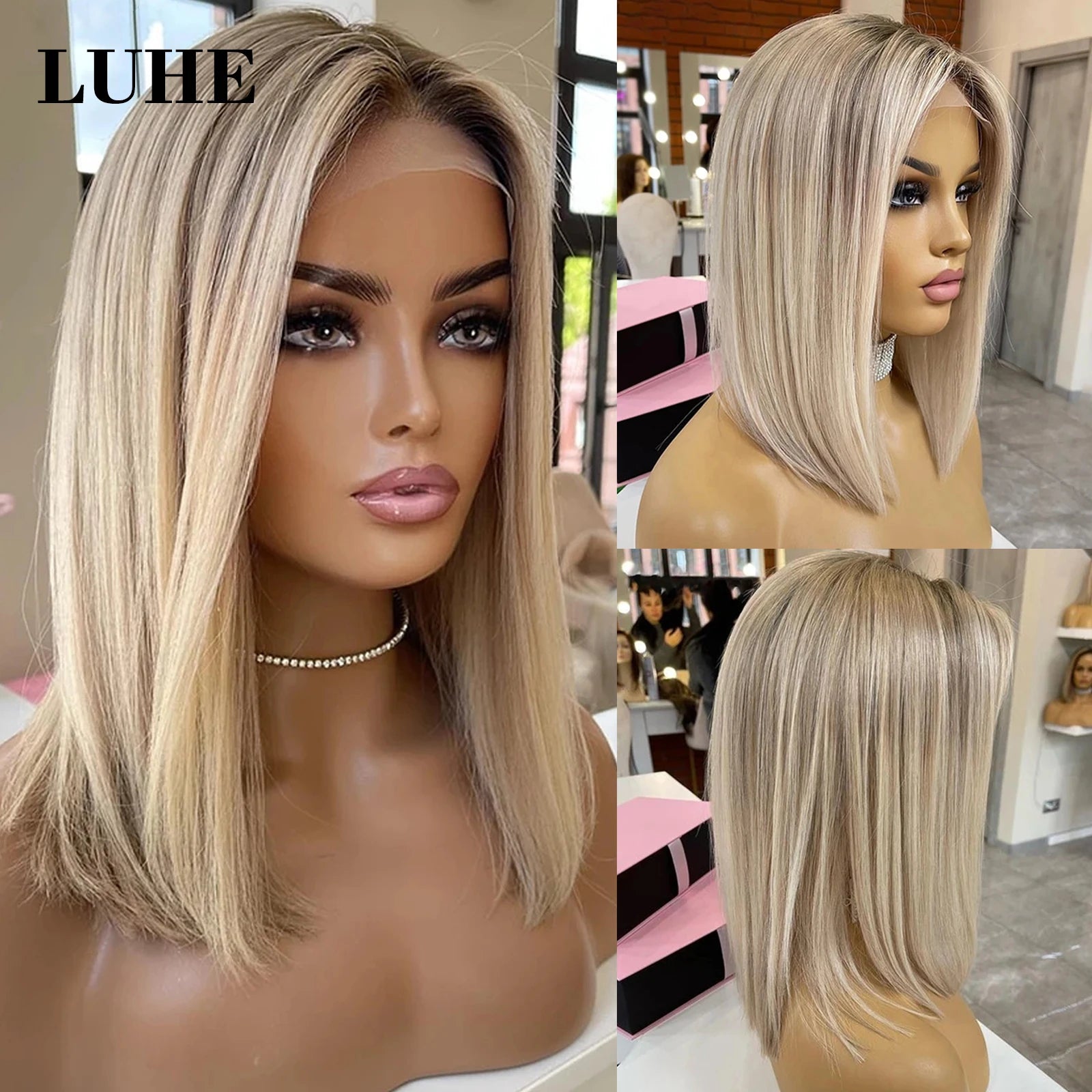 Peruca Front Lace 13x3 Loira Acinzentada com Raiz Escura – Cabelo Sintético, Liso, Curto, Corte Bob, 16 Polegadas – Para Mulheres