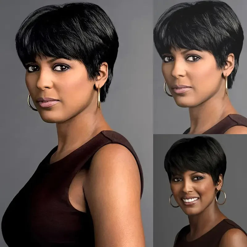 Lace Peruca Pixie Cut Curta para Mulheres - Cabelo Humano Remy, Lisa com Franjas