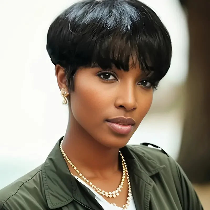 Lace Peruca Pixie Cut para Mulheres - Cabelo Humano 9A, Curta com Franja