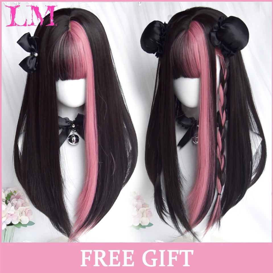 Peruca Rosa de Cosplay com Franja 60 cm – Liso Sintético Resistente ao Calor