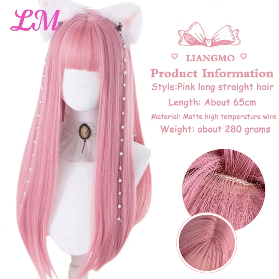 Peruca Rosa de Cosplay com Franja 60 cm – Liso Sintético Resistente ao Calor