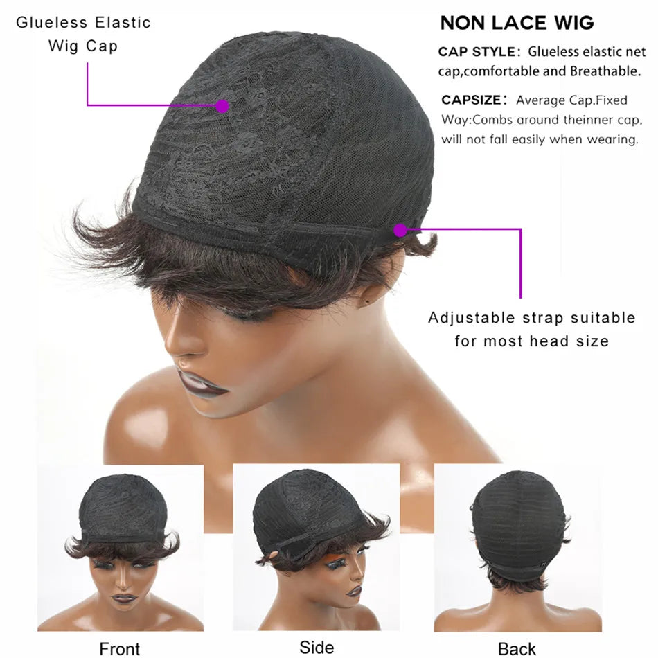 Lace Peruca Pixie Cut Curta para Mulheres - Cabelo Humano Remy, Lisa com Franjas
