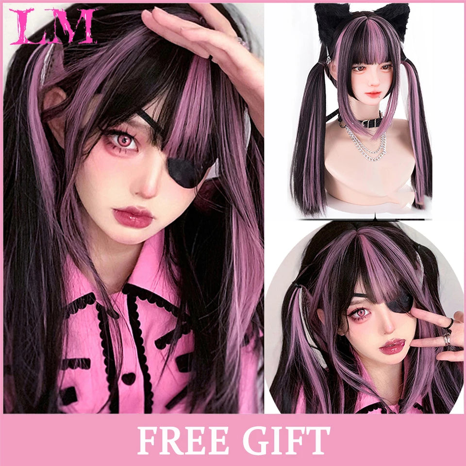 Peruca Rosa de Cosplay com Franja 60 cm – Liso Sintético Resistente ao Calor