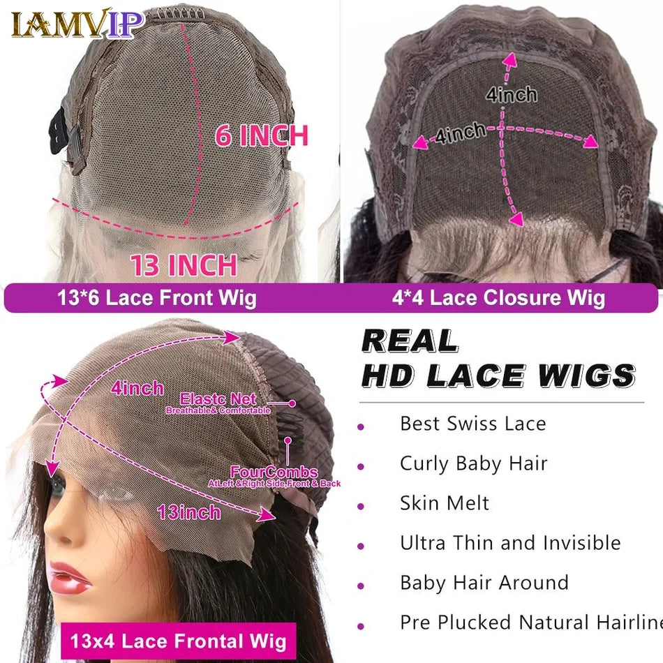 Peruca de Cabelo Humano 250% Densidade Body Wave 13x6 HD Frontal - Lace Brazilian Remy, Pre-plucked, 30-36 inch