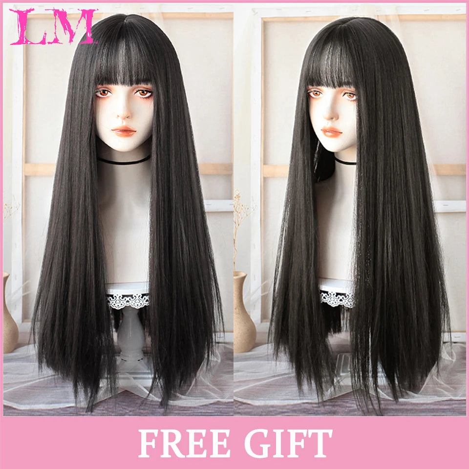 Peruca Rosa de Cosplay com Franja 60 cm – Liso Sintético Resistente ao Calor