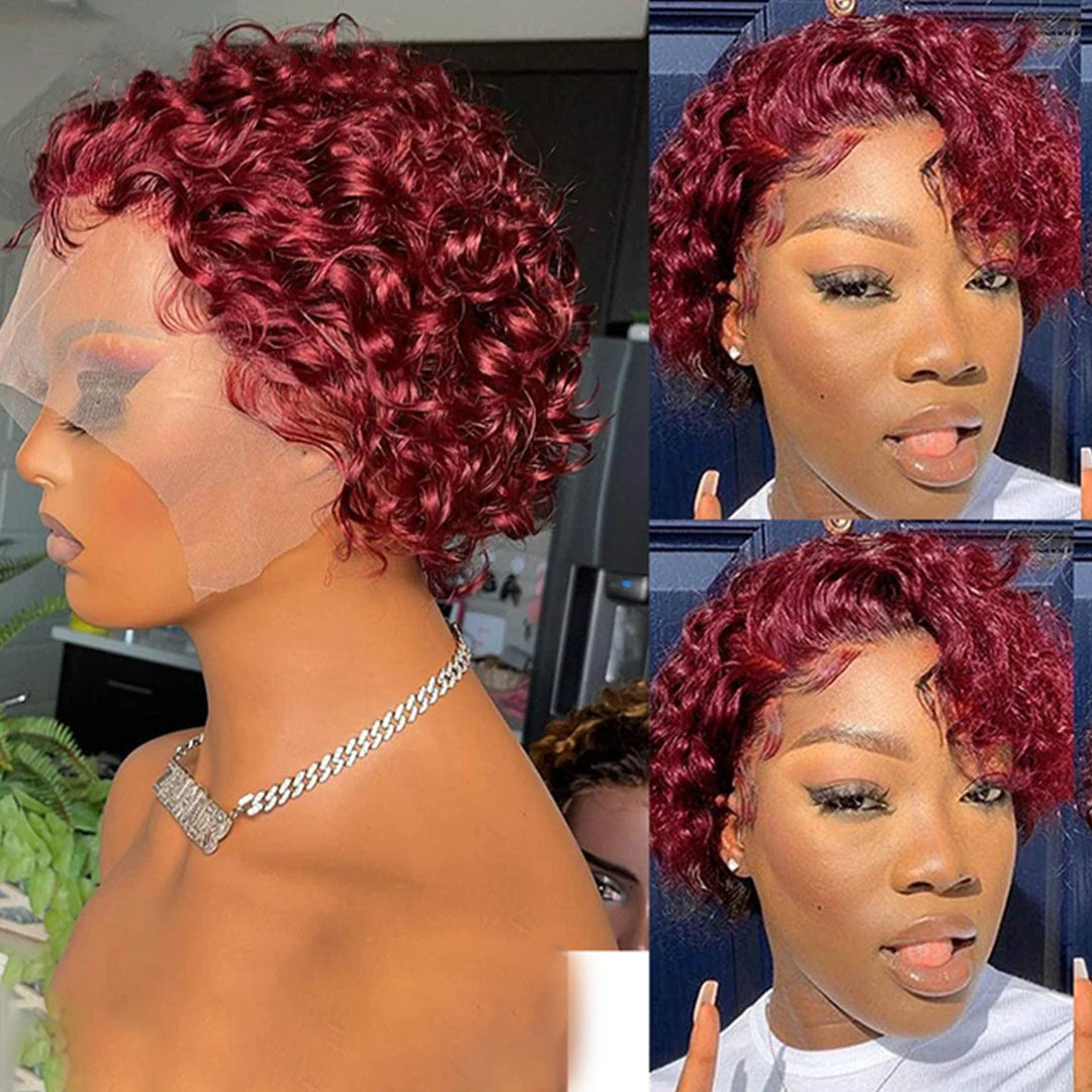 Lace Peruca Pixie Cut 99J Burgundy para Mulheres - Cabelo Humano, Curta Cacheada com Mechas Mel