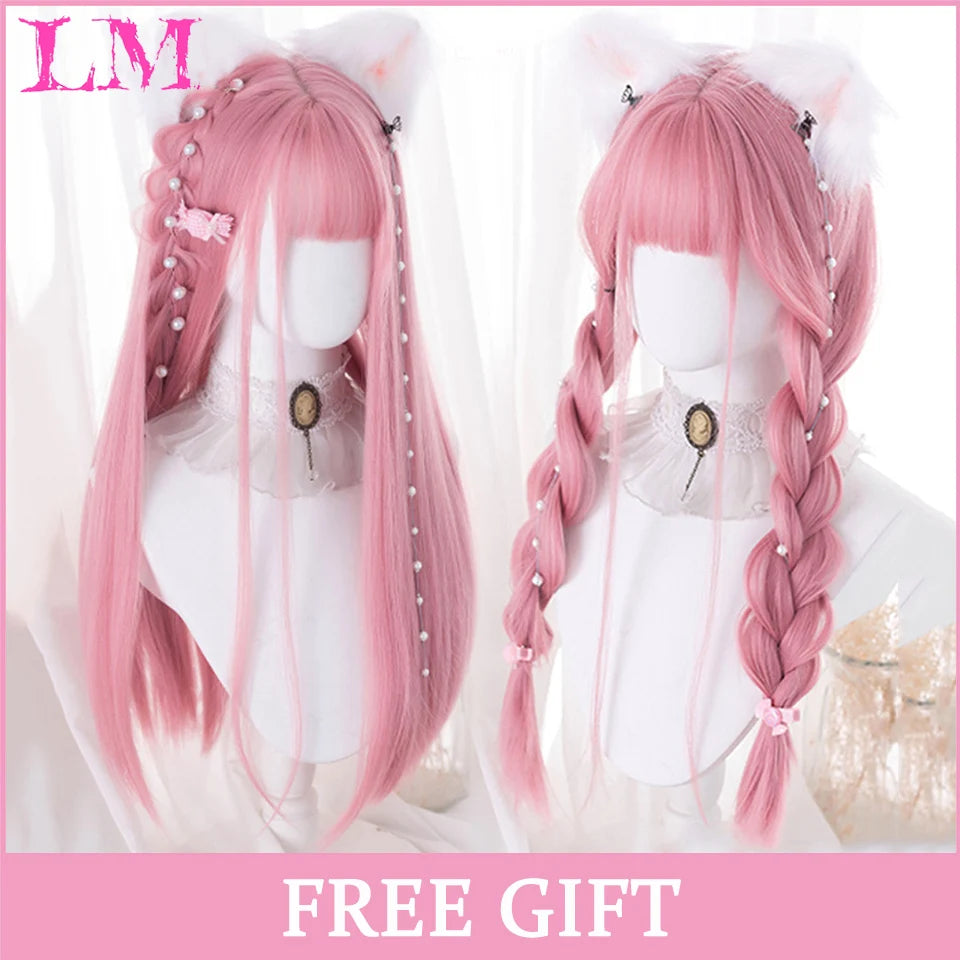 Peruca Rosa de Cosplay com Franja 60 cm – Liso Sintético Resistente ao Calor