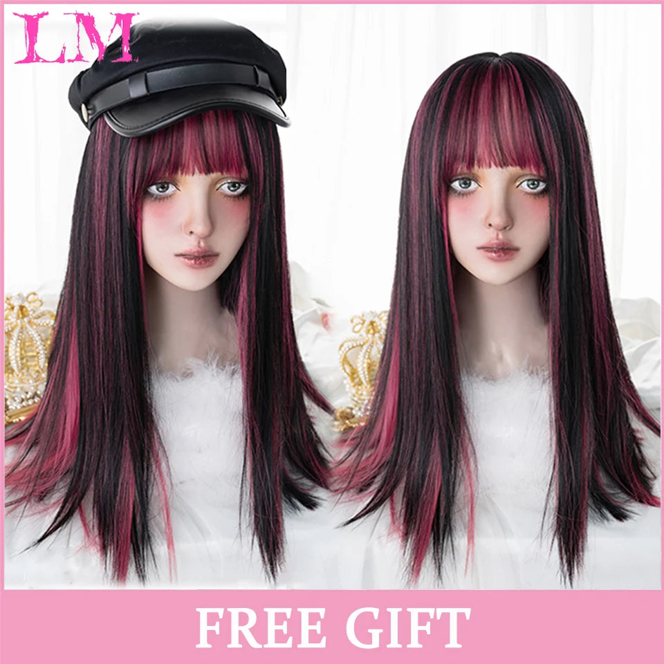 Peruca Rosa de Cosplay com Franja 60 cm – Liso Sintético Resistente ao Calor