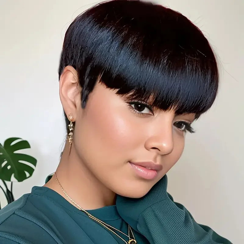 Lace Peruca Pixie Cut Curta para Mulheres - Cabelo Humano Remy, Lisa com Franjas