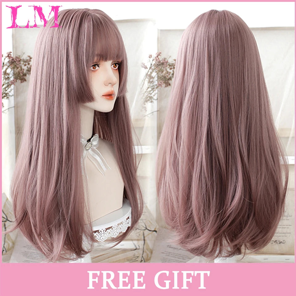 Peruca Rosa de Cosplay com Franja 60 cm – Liso Sintético Resistente ao Calor