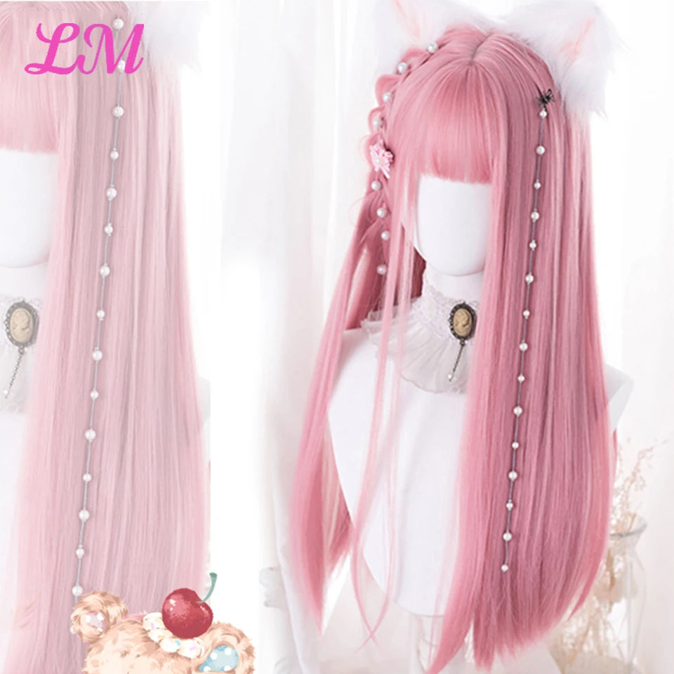Peruca Rosa de Cosplay com Franja 60 cm – Liso Sintético Resistente ao Calor