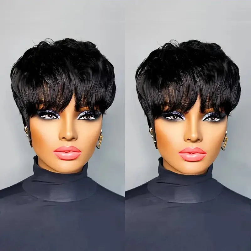 Lace Peruca Pixie Cut para Mulheres - Cabelo Humano 9A, Curta com Franja