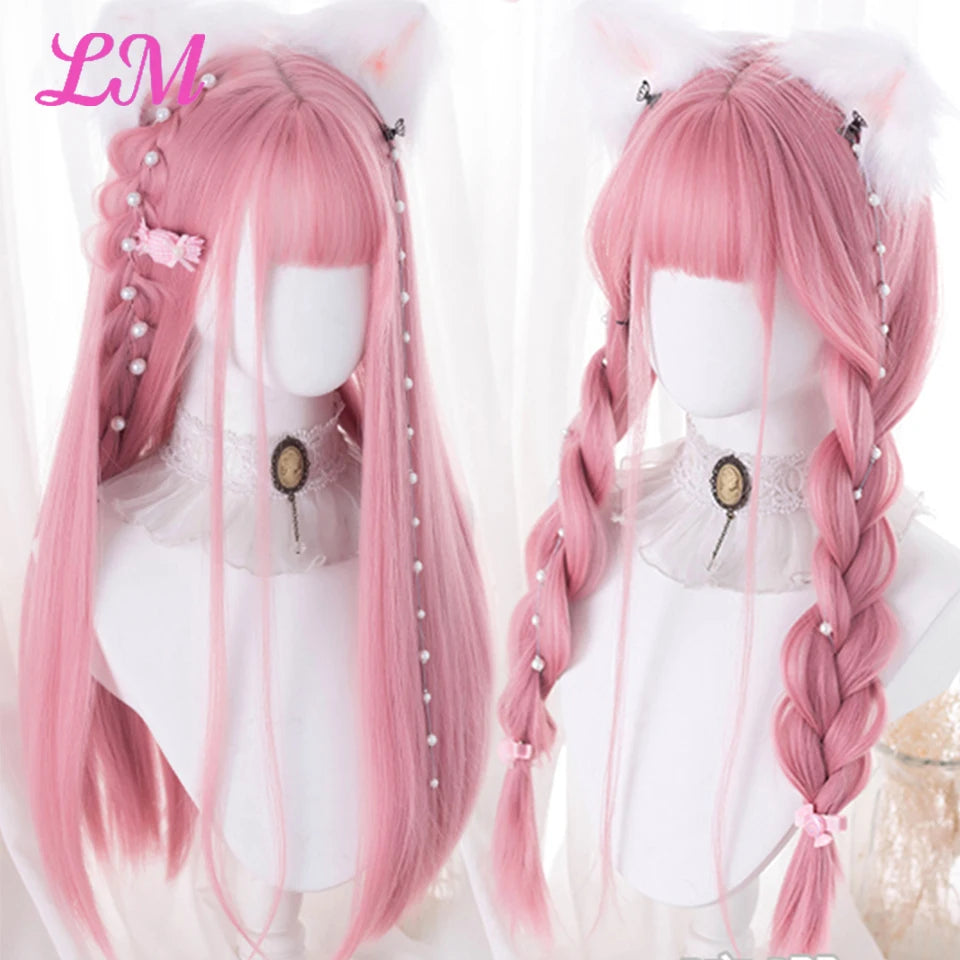 Peruca Rosa de Cosplay com Franja 60 cm – Liso Sintético Resistente ao Calor