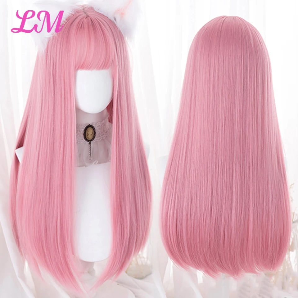 Peruca Rosa de Cosplay com Franja 60 cm – Liso Sintético Resistente ao Calor