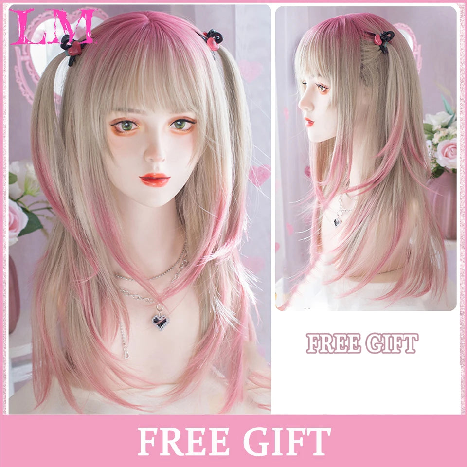 Peruca Rosa de Cosplay com Franja 60 cm – Liso Sintético Resistente ao Calor