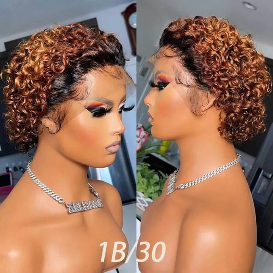 Lace Peruca Pixie Cut 99J Burgundy para Mulheres - Cabelo Humano, Curta Cacheada com Mechas Mel